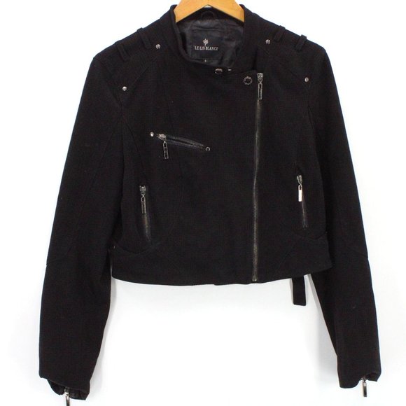 LE LIS BLANC Biker Jacket Womens Black Asymmetrical Zipper Cropped Size 6 - Picture 1 of 9